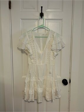 White Lace-Trim Mini Dress with Ruffle Sleeves